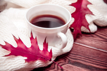 Autumn still life with cup of black coffee 