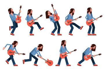Solo guitarist with electric guitar - poses during a performance. Vector illustration.