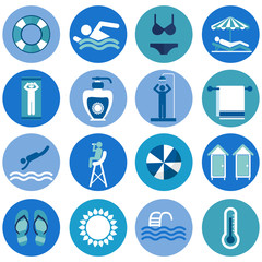 Swimming Pool, beach icons in vector flat design