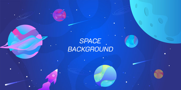 Vector illustration. Horizontal space background with abstract shape and planets. Web design. Space exploring. 