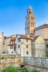 Fototapeta na wymiar Split, Croatia UNESCO World Heritage Site. Old town houses and tower of cathedral in roman emperor Diocletian palace