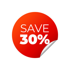 Red Vector Banner Sticker on white background, save 30 percent