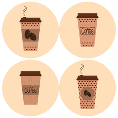 A set of four images of paper cups of coffee. Cardboard cups covered with a plastic lid. On the cups a label with coffee beans and hand-written Coffee. Takeaway coffee package. Vector illustration