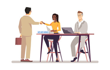 HR manager interviewing job applicant flat vector illustration. Boss with personal assistant hiring employee cartoon character. Employer and interviewer. Employment, headhunting service concept