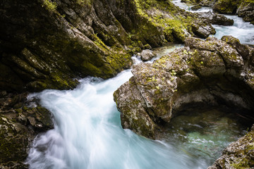 hiking in scenic valley of vintgar gorge in slovenia