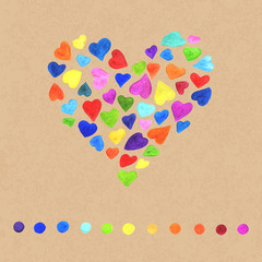 Hand-Drawn Natural Colorful Composition of Watercolor Hearts.