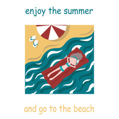 Happy cartoon girl sunbathes on a water. Enjoy summer, sea and a beach.