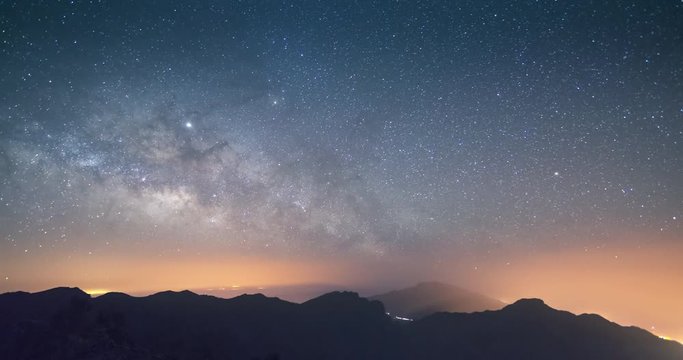 Timelapse of the Milky way rising in the clear sky of La Palma Island, Canary Islands, Spain. On of the darkest skies in the world can be found in La Palma.