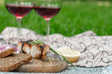 Delicious, juicy pork shish kebab. Concept picnic top view.