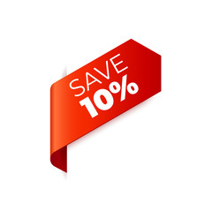 Red Vector Banner Ribbon on white background, left bookmark, save 10 percent