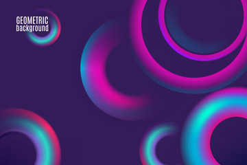 Holographic neon torus vector geometric background for banner or UI design. Vivid gradient mesh blue pink rings. EPS 10