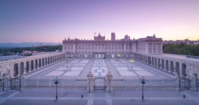 Beautiful sunrise from the top of the Almudena Cathedral, Madrid. Spain. Royal Palace and madrid downtown as background.
