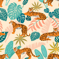 Tiger pattern with tropical leaves. Vector seamless texture.