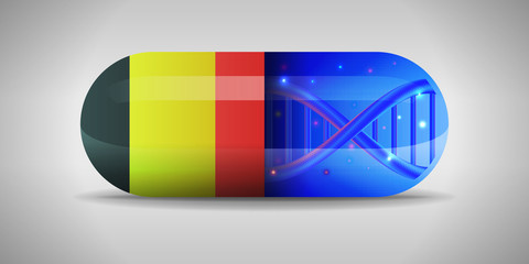Illustration of the national pharmaceuticals of Belgium. Drug production in Belgium. National flag of Belgium on capsule with gene