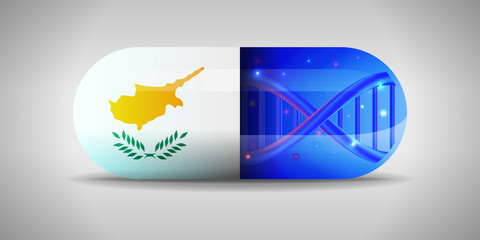 Illustration of the national pharmaceuticals of Cyprus. Drug production in Cyprus. National flag of Cyprus on capsule with gene