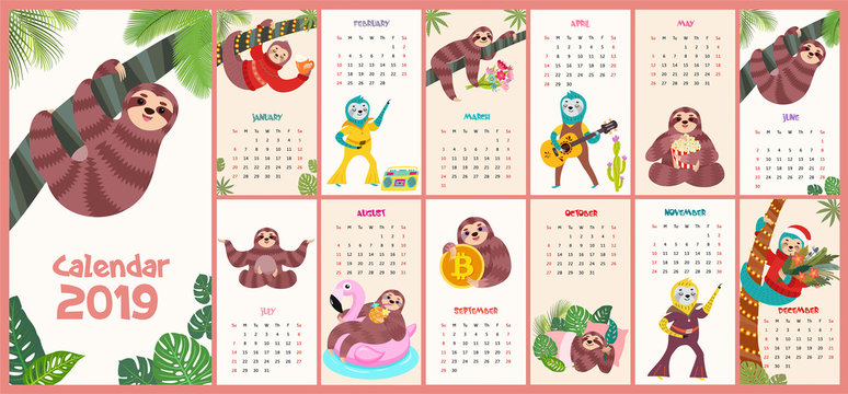 Stylish, trendy calendar 2019 with cartoon sloths. Vector illustration