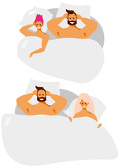Man and woman couple in bed. Relationships, love, sex and adultery in the family. Vector cartoon characters in flat style isolated on white background.