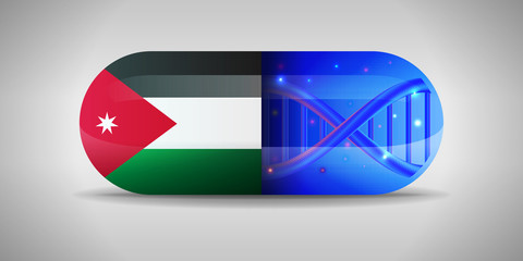 Illustration of the national pharmaceuticals of Jordan. Drug production in Jordan. National flag of Jordan on capsule with gene