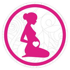 Vector silhouette pink sitting of pregnant woman with heart in circle with line texture background. Isolated on white background
