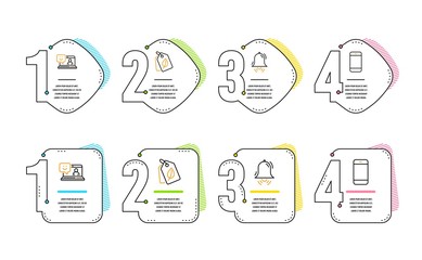 Smile, Bio tags and Clock bell icons simple set. Smartphone sign. Laptop feedback, Leaf, Alarm. Cellphone or phone. Business set. Infographic timeline. Line smile icon. 4 options or steps. Vector