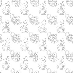 Teapot cap seamless pattern doodle monochrome design element stock vector illustration for web, for print, for packing design, for antistres page, wallpaper