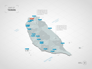 Isometric  3D Taiwan map. Stylized vector map illustration with cities, borders, capital, administrative divisions and pointer marks; gradient background with grid.