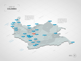 Isometric  3D Colombia map. Stylized vector map illustration with cities, borders, capital, administrative divisions and pointer marks; gradient background with grid.