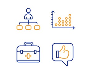 Management, Dot plot and First aid icons simple set. Like sign. Agent, Presentation graph, Medicine case. Thumbs up. Business set. Linear management icon. Colorful design set. Vector