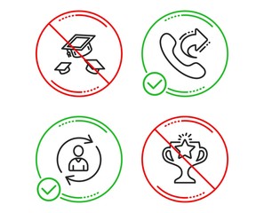 Do or Stop. Throw hats, Share call and Person info icons simple set. Victory sign. College graduation, Phone support, Refresh user data. Championship prize. Business set. Line throw hats do icon