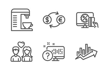 Couple love, Online shopping and Coffee machine icons simple set. Online quiz, Currency exchange and Growth chart signs. People in love, Black friday. Business set. Line couple love icon. Vector