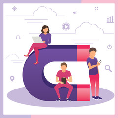 attracting online customers. Big magnet and people with laptop around. Customer retention strategy, digital inbound marketing, customer attraction gradient banner.