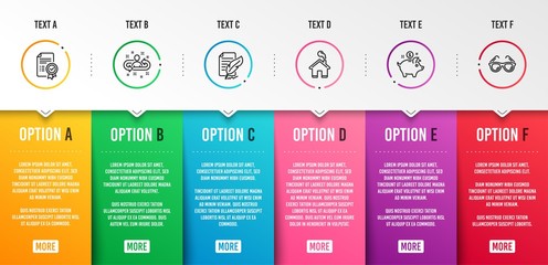 Recruitment, Certificate and Saving money icons simple set. Feather signature, Home and Sunglasses signs. Manager change, Verified document. Business set. Infographic template. 6 steps timeline