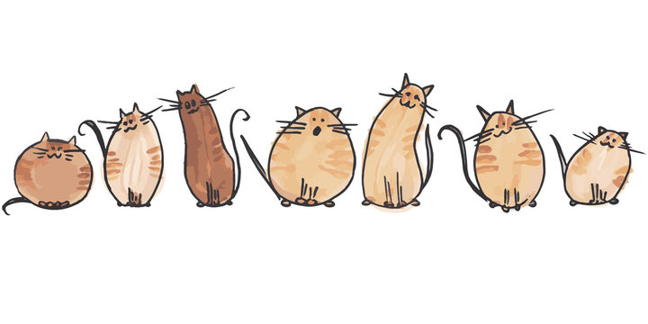 7 cute watercolor cats in 2 line on white background. Watercolor vector illustration