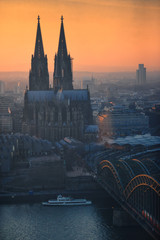 Aerial view of Cologne and Cologne Cathedral at sunset