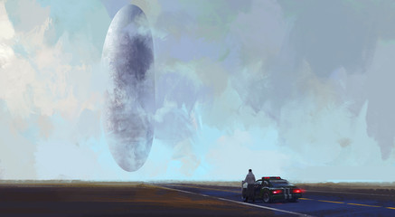 Alien spacecraft landing in the wilderness, digital illustration. © liuzishan