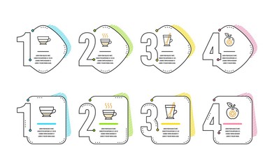 Tea mug, Americano and Cafe creme icons simple set. Medical food sign. Cup with teaspoon, Beverage cup, Hot coffee. Apple. Food and drink set. Infographic timeline. Line tea mug icon. Vector