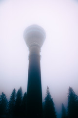 The tower is in the fog