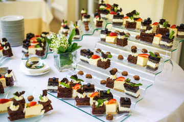 Catering. Off-site food. Buffet table with various sweet chocolate canapes, sandwiches and snacks with curd, strawberries, cheese and mint