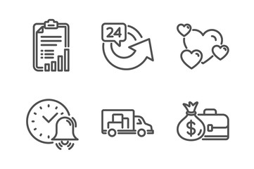 Alarm bell, 24 hours and Heart icons simple set. Checklist, Truck transport and Salary signs. Time, Repeat. Business set. Line alarm bell icon. Editable stroke. Vector