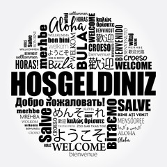 Fototapeta premium Hosgeldiniz (Welcome in Turkish) word cloud in different languages, conceptual background