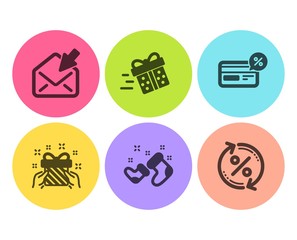 Gift, Open mail and Present delivery icons simple set. Santa boots, Cashback and Loan percent signs. Present, View e-mail. Business set. Flat gift icon. Circle button. Vector