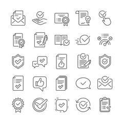 Approve line icons. Set of Certificate, Checklist and Award medal icons. Certified document, Accepted approve and Confirm mail. Guarantee, Check mark and Correct agreement. Checklist document. Vector