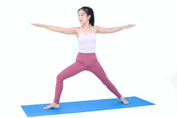 Beautiful Asia girl practicing yoga on isolated white background : Concept practicing