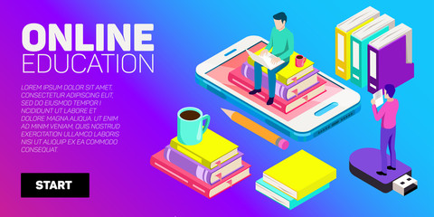 Fototapeta premium Isometric vector banner. Online education, learning, distant courses. School, college, unversity.