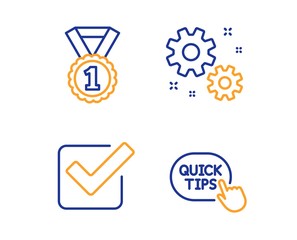 Work, Checkbox and Best rank icons simple set. Quick tips sign. Settings, Approved tick, Success medal. Helpful tricks. Education set. Linear work icon. Colorful design set. Vector