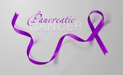 Pancreatic Cancer Awareness Calligraphy Poster Design. Realistic Purple Ribbon. November is Cancer Awareness Month. Vector Illustration