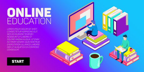 Fototapeta premium Isometric vector banner. Online education, learning, distant courses. School, college, unversity.