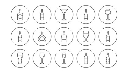 Bottles line icons. Beer drinks, Wine glass and Whiskey bottle. Champagne linear icon set. Line buttons with icon. Editable stroke. Vector