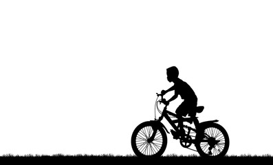 Fototapeta na wymiar Silhouette boy and bike relaxing on white background