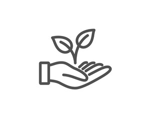 Helping hand line icon. Charity gesture sign. Startup plant symbol. Quality design element. Linear style helping hand icon. Editable stroke. Vector
